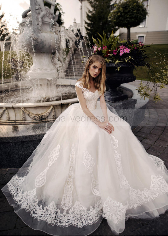 Ivory Lace Tulle Simple Princess Wedding Dress